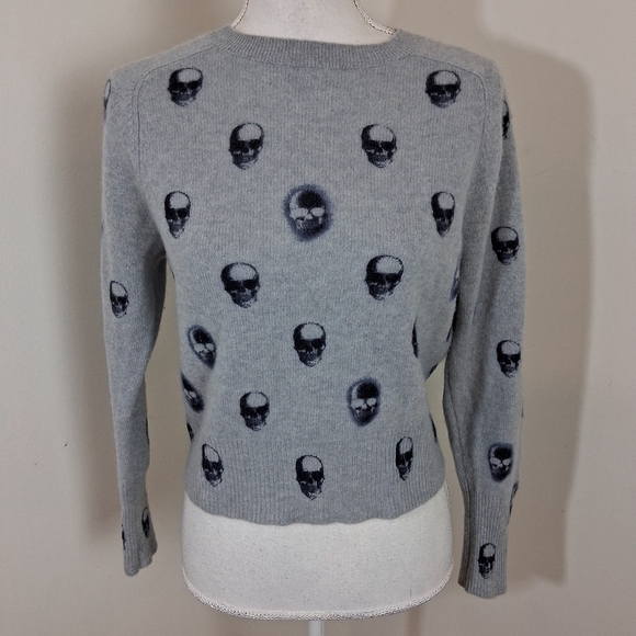 Skull Cashmere Taliah print 100% Cashmere Crewneck Grey Sweater Size XS - Picture 7 of 8